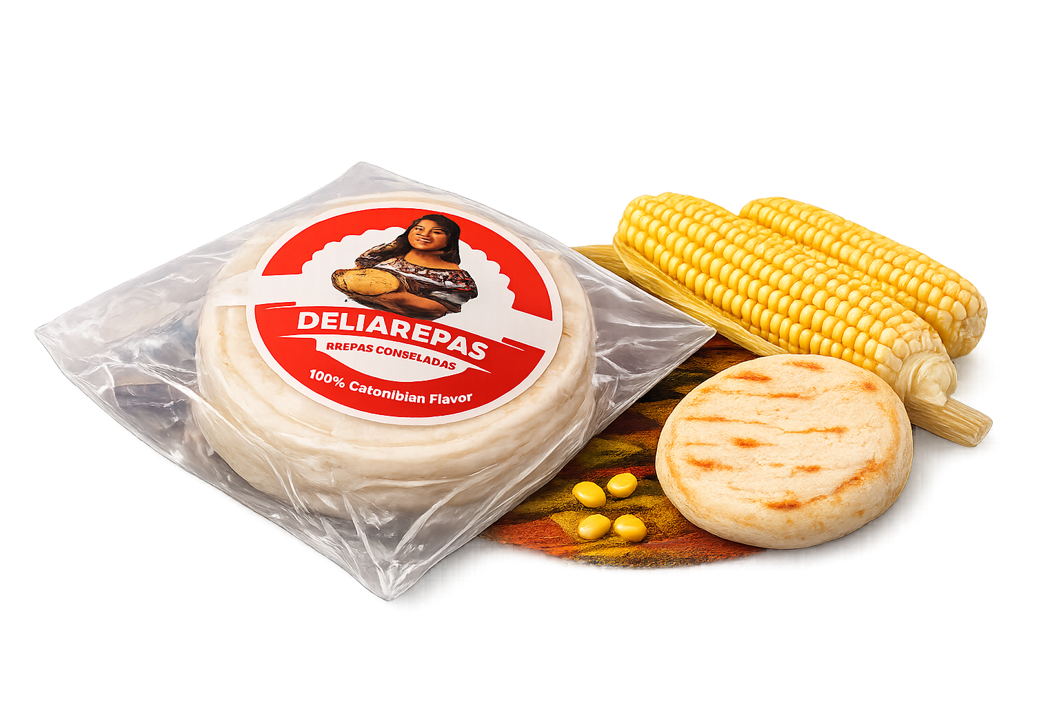 Paquetes congelados Deliarepas con maíz y decoración colombiana